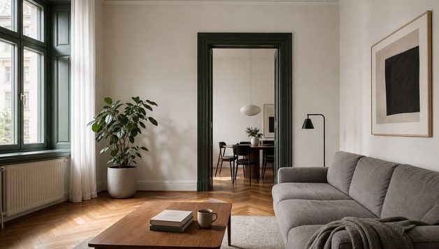 Wohnzimmer einer sanierten Altbauwohnung mit Fischgrätparkett, Stuckdecke und dunkelgrün gefasstem Fenster